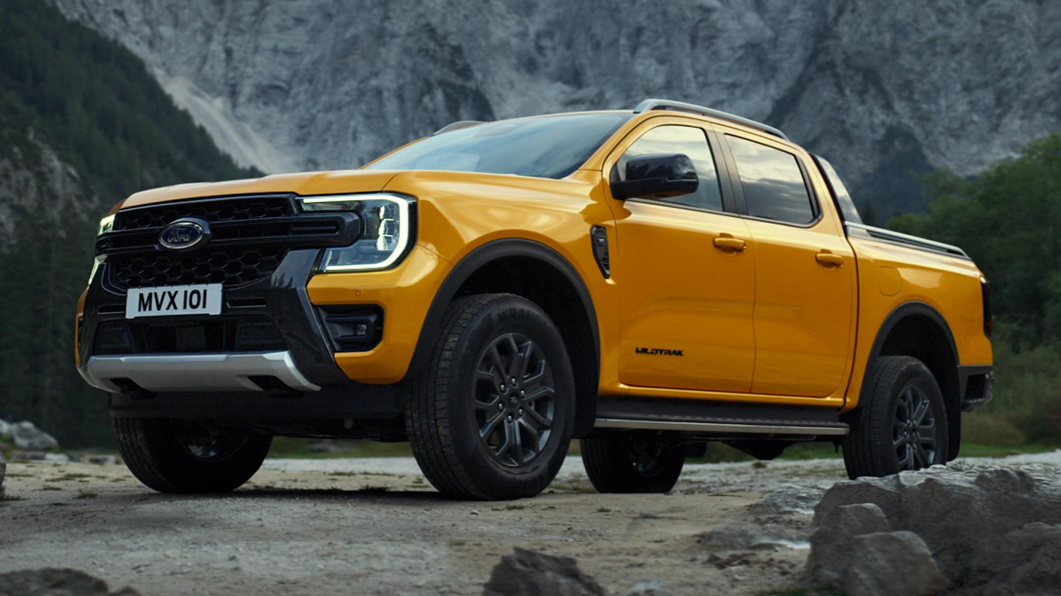 Ford Ranger front 3/4 view parked by mountains