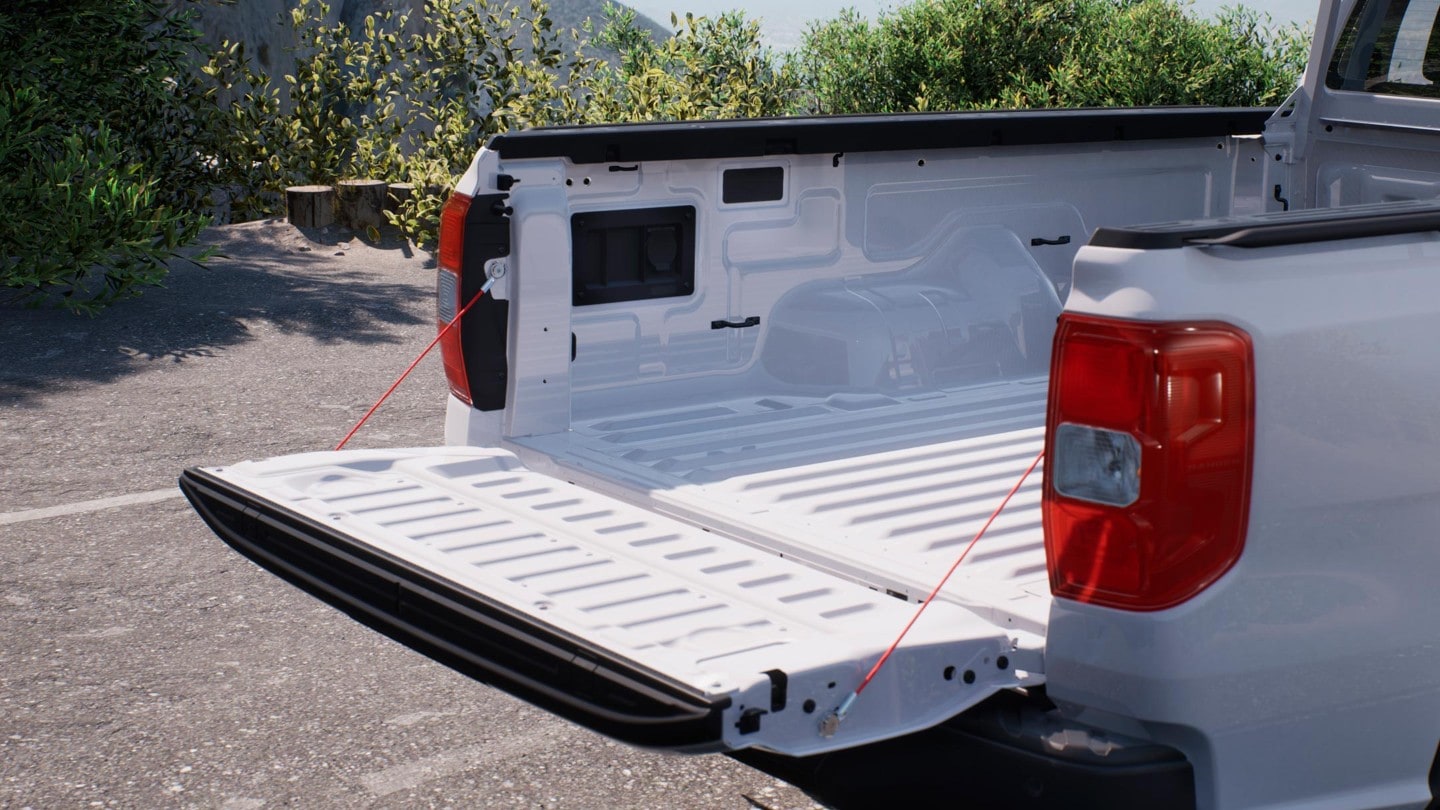 Ford Ranger frozen white rear view close up of load bed