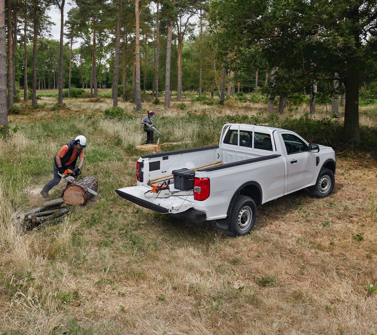 Ranger Raptor 3/4 rear view with load bed in use