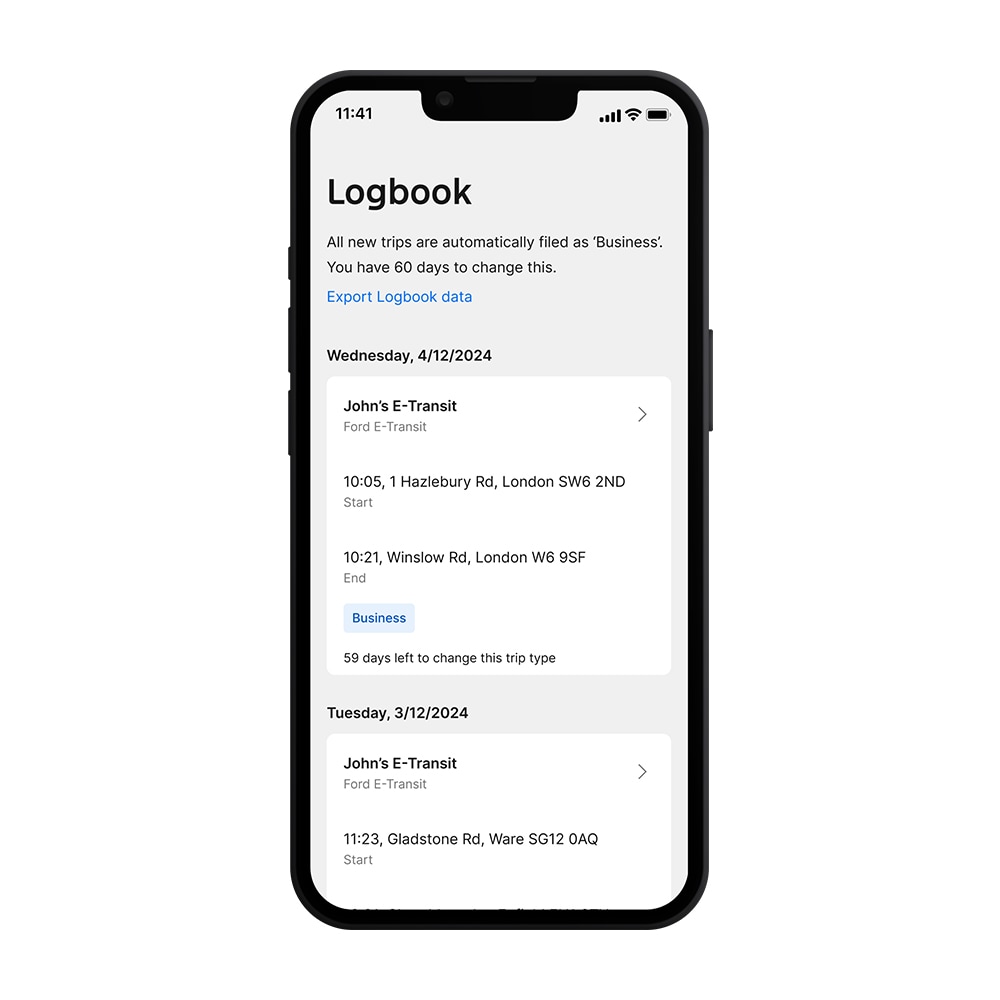 Ford Pro Telematics Drive screenshot with a logbook displaying recent trips for a vehicle. 