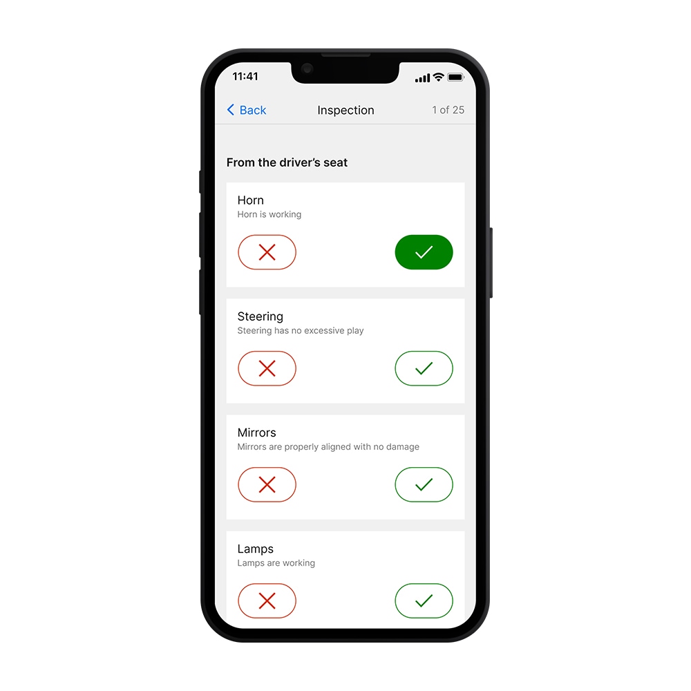 Ford Pro Telematics Drive screenshot showing a vehicle inspection checklist.