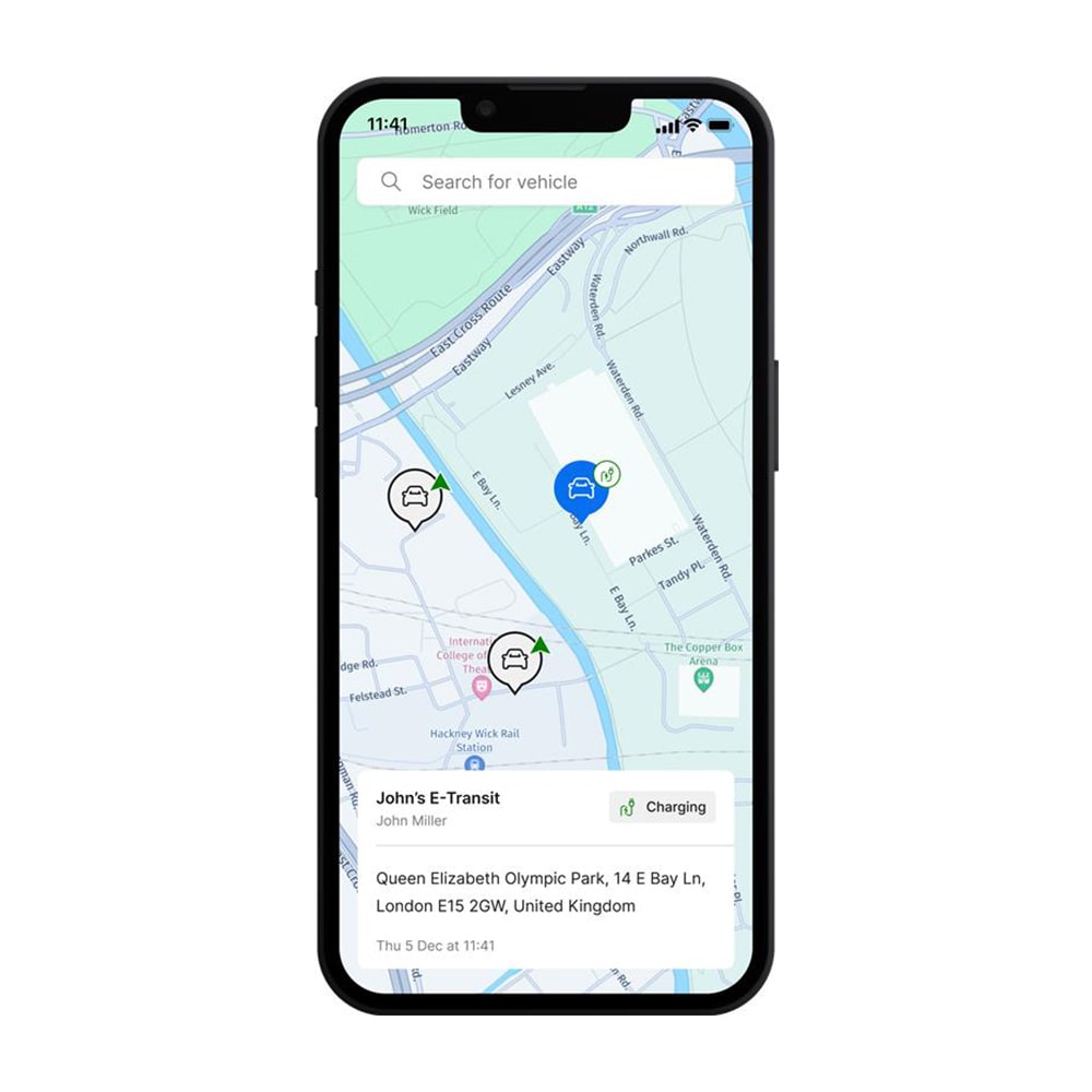 Ford Pro Telematics Drive view with live map of three vehicles, one highlighted with status and location.