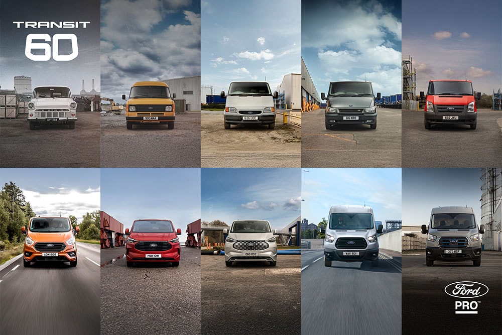 A collage displaying ten generations of Ford Transit vans, from classic models to the latest, celebrating 60 years of Transit. Ford Pro logo.