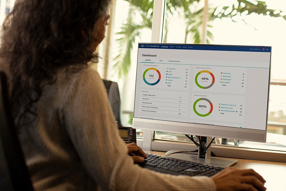 Woman viewing her Ford Telematics dashboard data on her desktop computer.