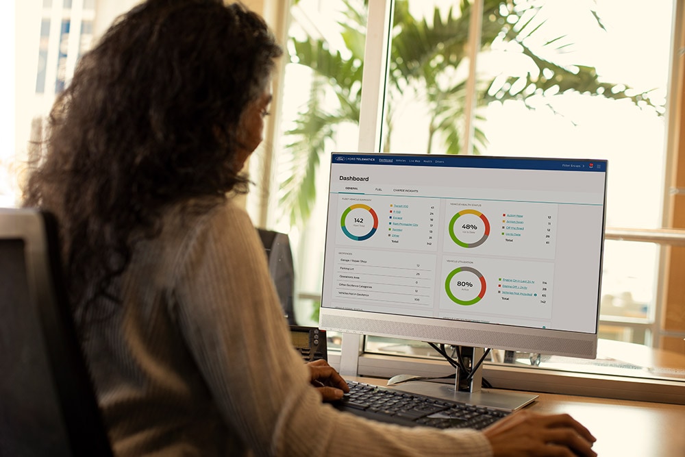 A woman at her desk checking the Ford Telematics dashboard.