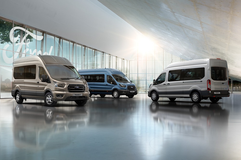 Ford Pro Telematics Essentials benefits shown as a silver van drives through different settings.