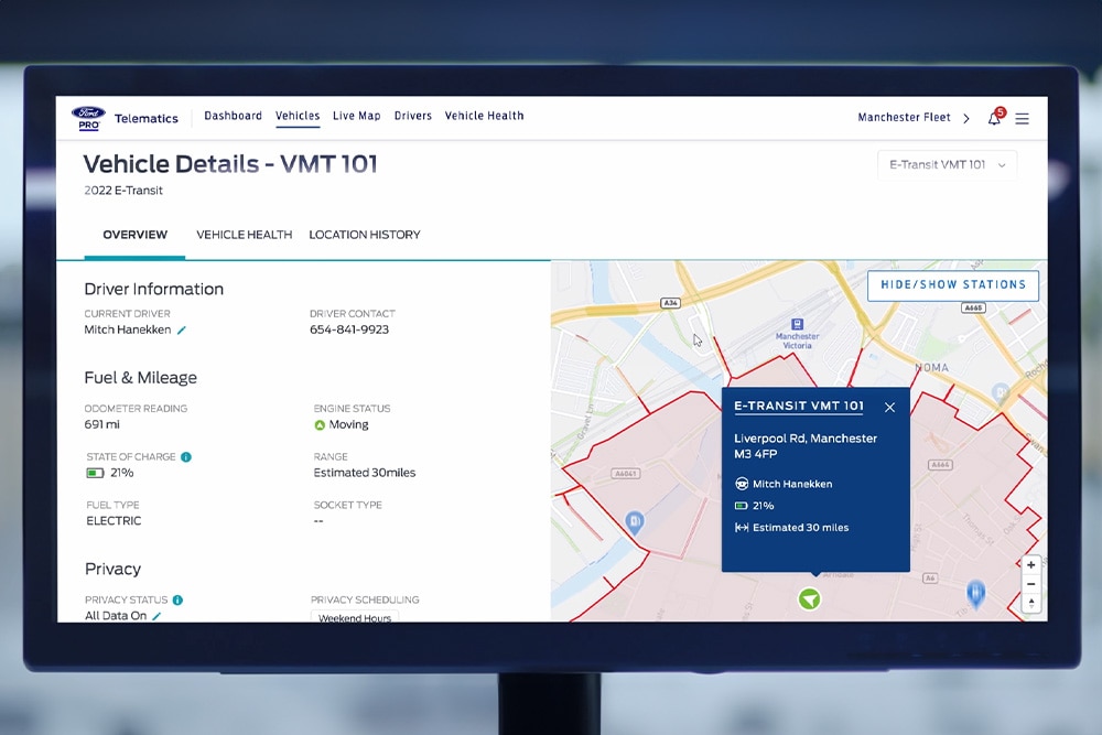 A dashboard displaying Ford's GPS Fleet Tracking feature.