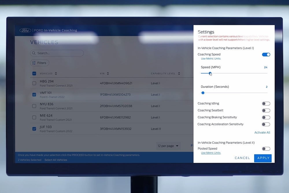 A dashboard displaying Ford's in-vehicle coaching features.