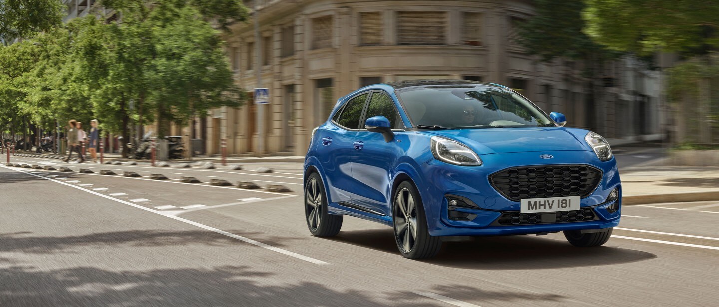 Blue Ford Puma ST-line on a street